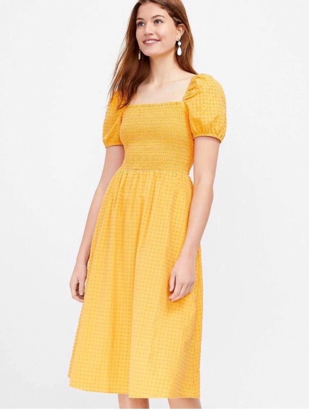Loft clip dot yellow orange dress smocked top puff sleeves large midi pockets